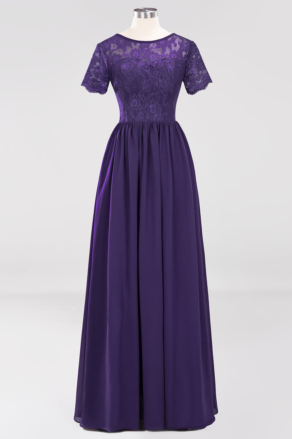 Elegant Dark Navy Long Lace Bridesmaid dresses with Short-Sleeves - Fashionpara