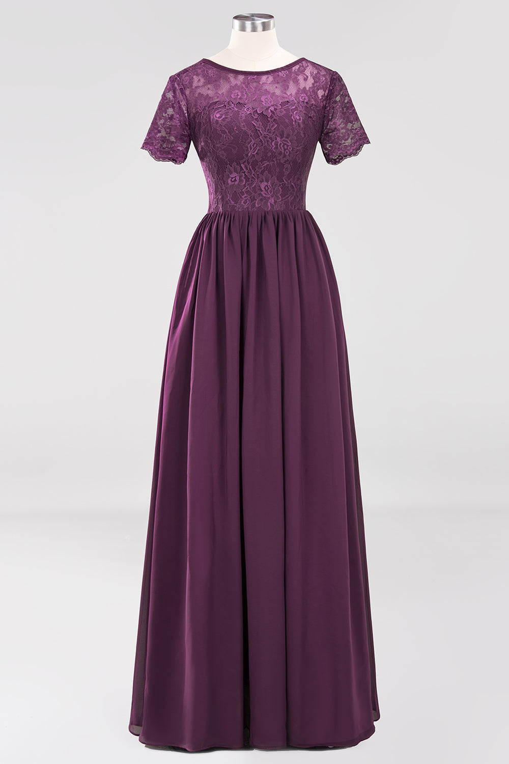 Elegant Dark Navy Long Lace Bridesmaid dresses with Short-Sleeves - Fashionpara