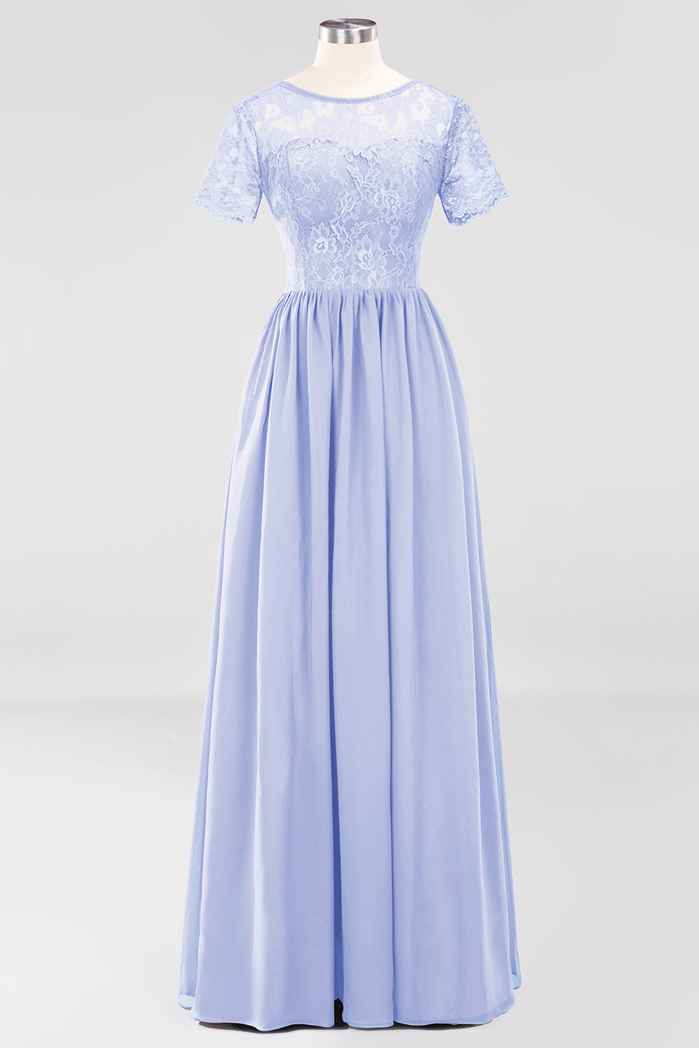 Elegant Dark Navy Long Lace Bridesmaid dresses with Short-Sleeves - Fashionpara