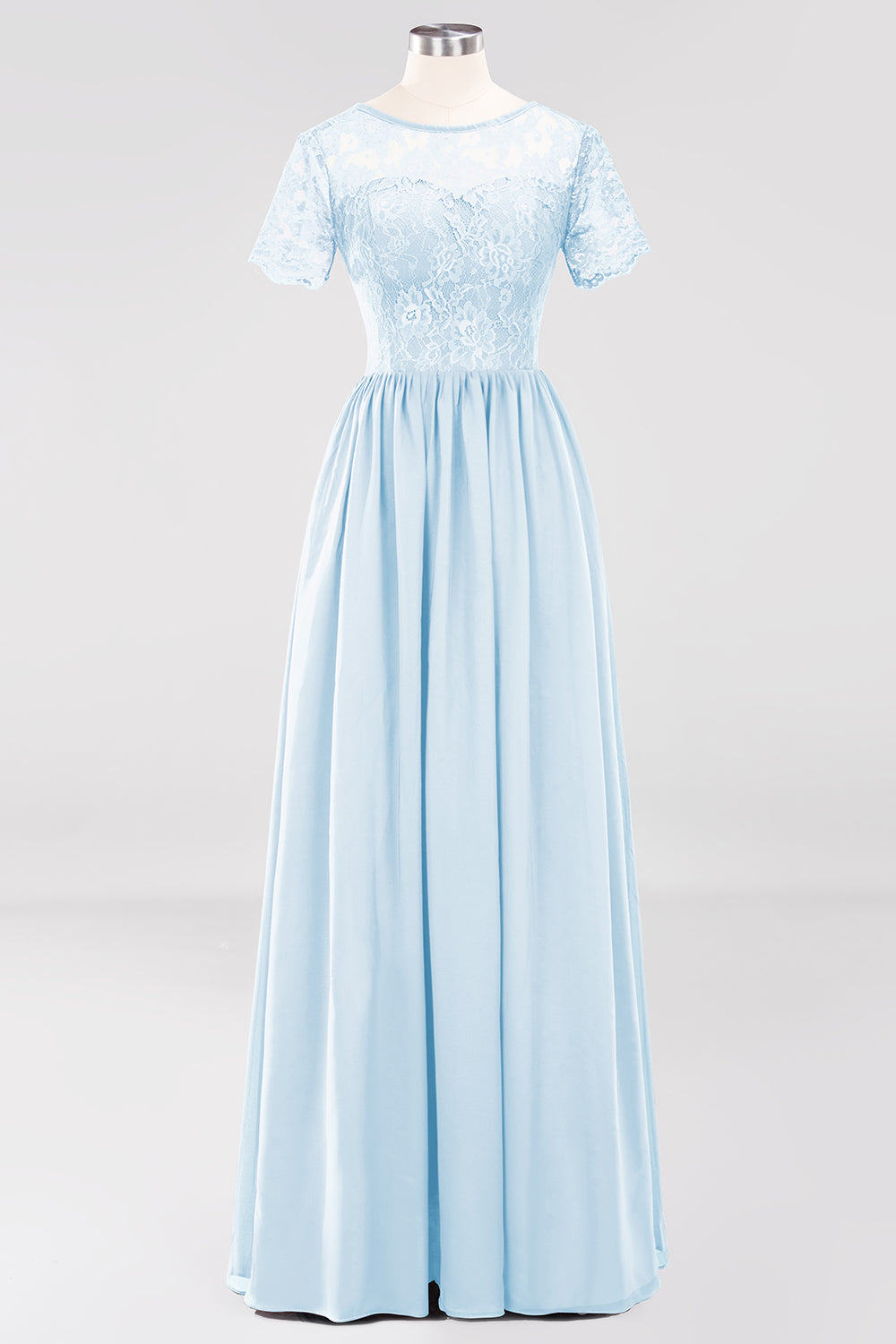 Elegant Dark Navy Long Lace Bridesmaid dresses with Short-Sleeves - Fashionpara