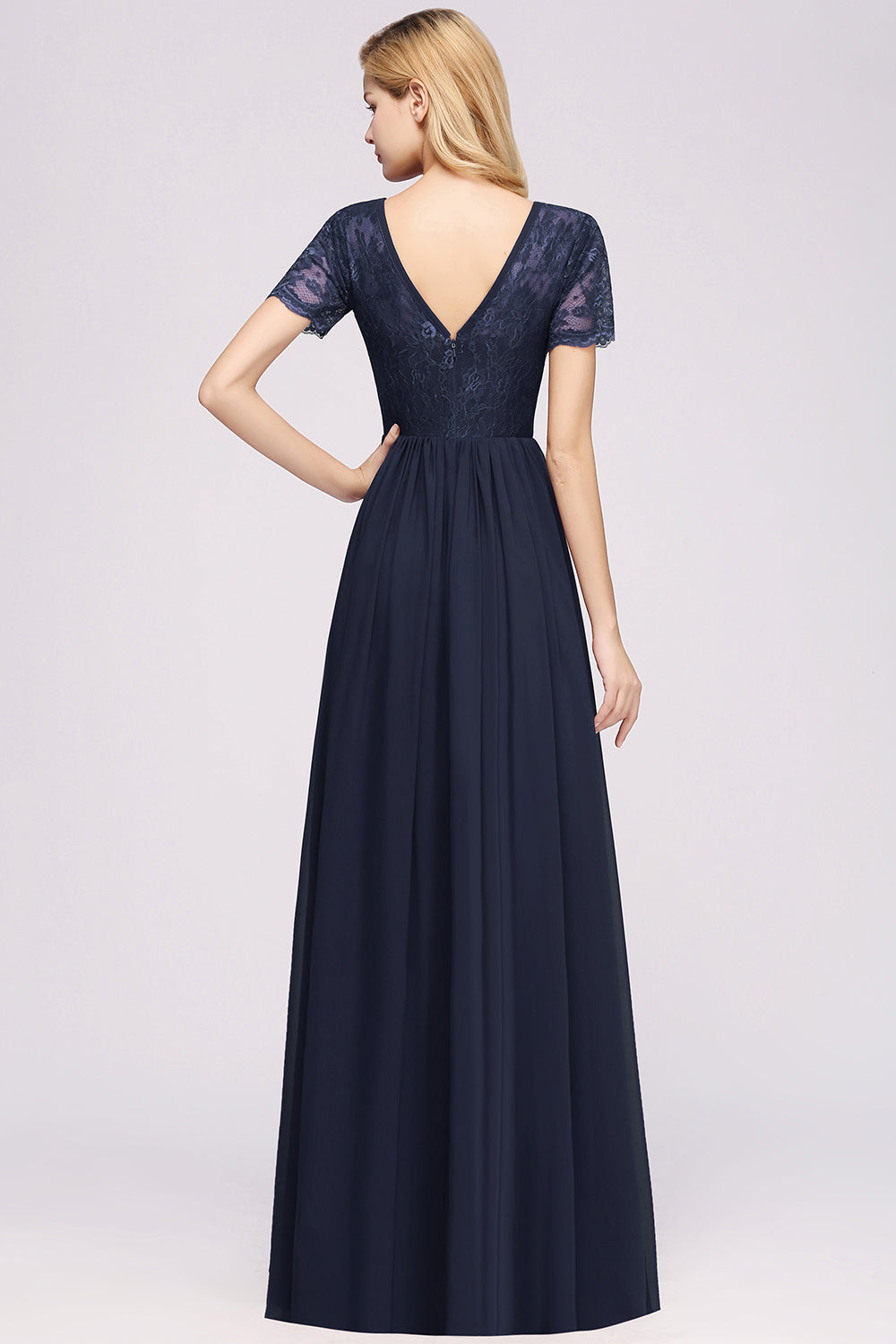Elegant Dark Navy Long Lace Bridesmaid dresses with Short-Sleeves - Fashionpara