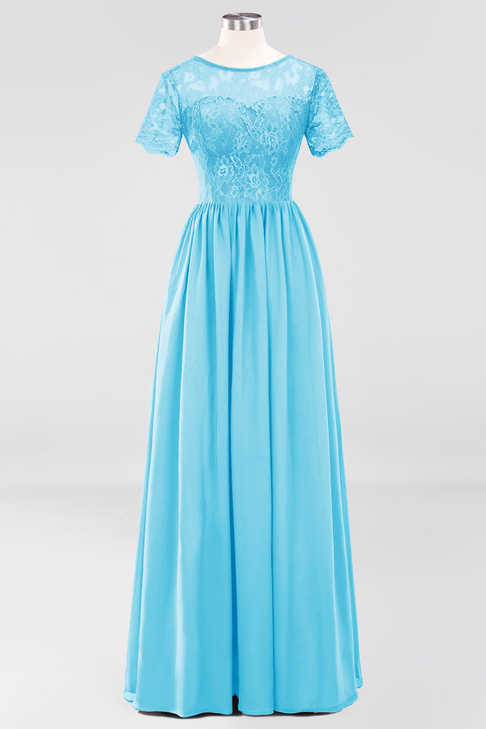 Elegant Dark Navy Long Lace Bridesmaid dresses with Short-Sleeves - Fashionpara