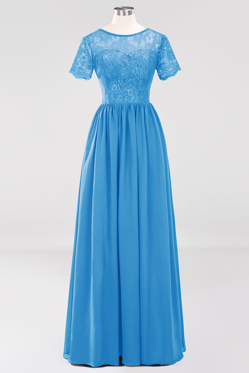 Elegant Dark Navy Long Lace Bridesmaid dresses with Short-Sleeves - Fashionpara