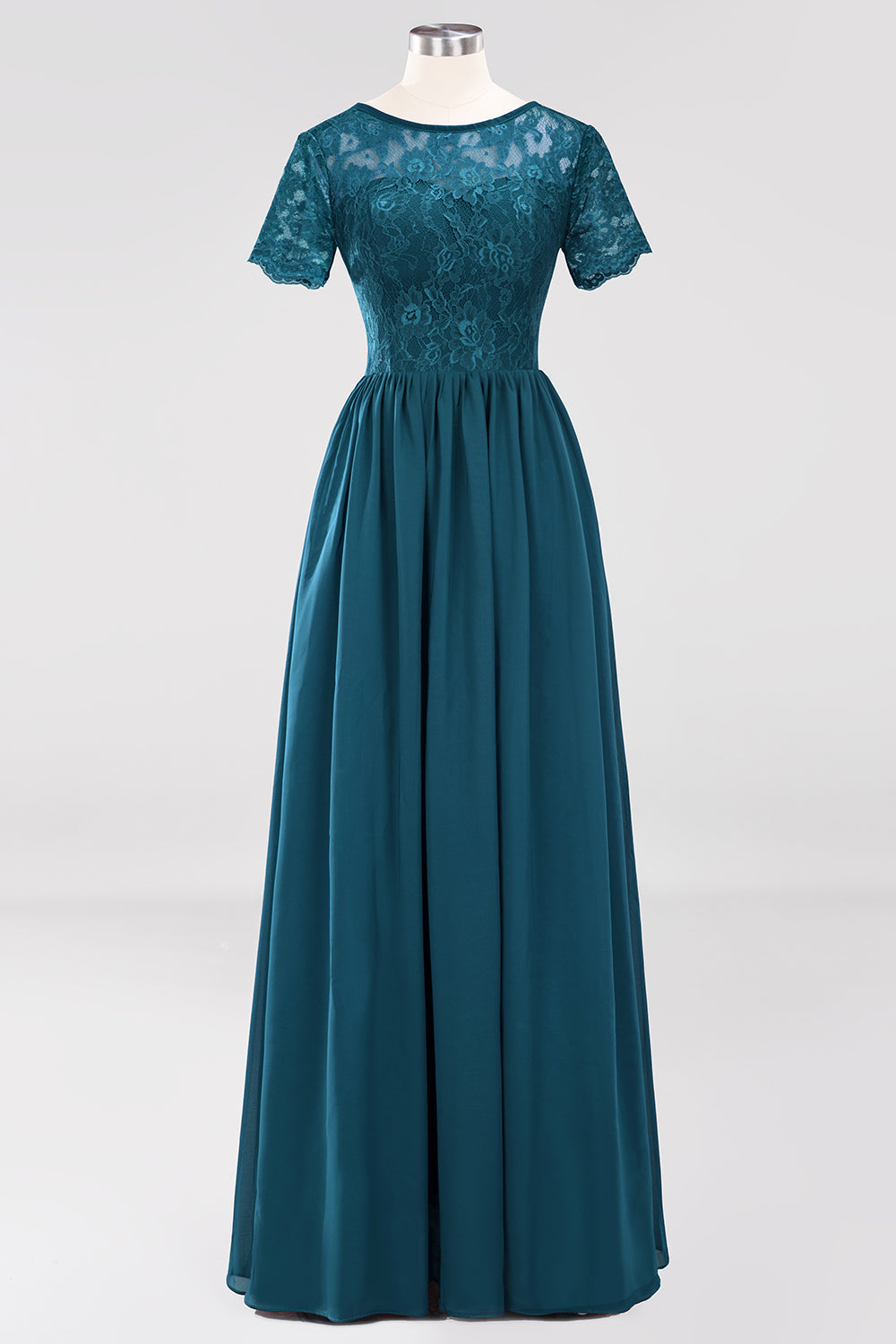 Elegant Dark Navy Long Lace Bridesmaid dresses with Short-Sleeves