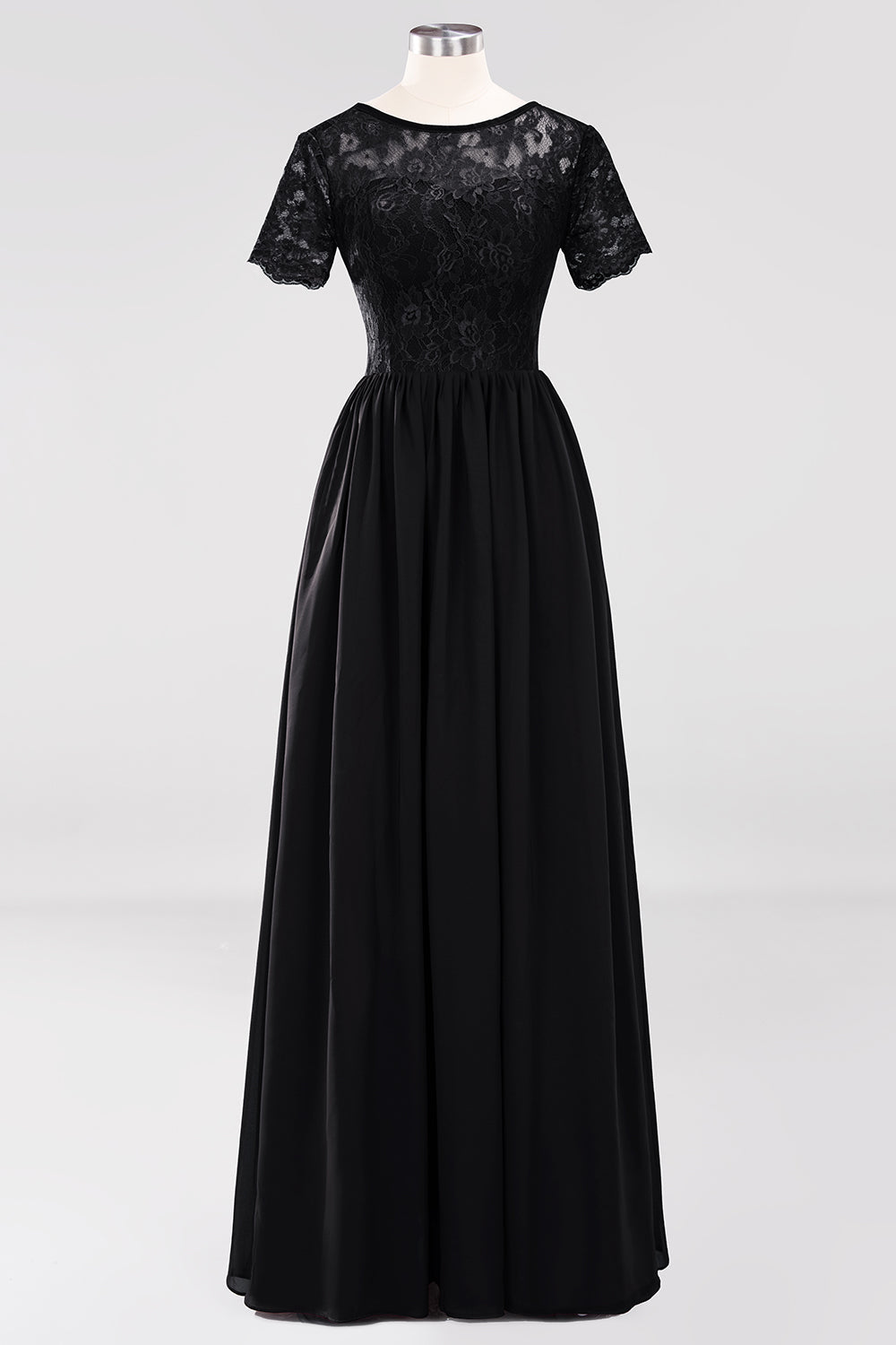 Elegant Dark Navy Long Lace Bridesmaid dresses with Short-Sleeves