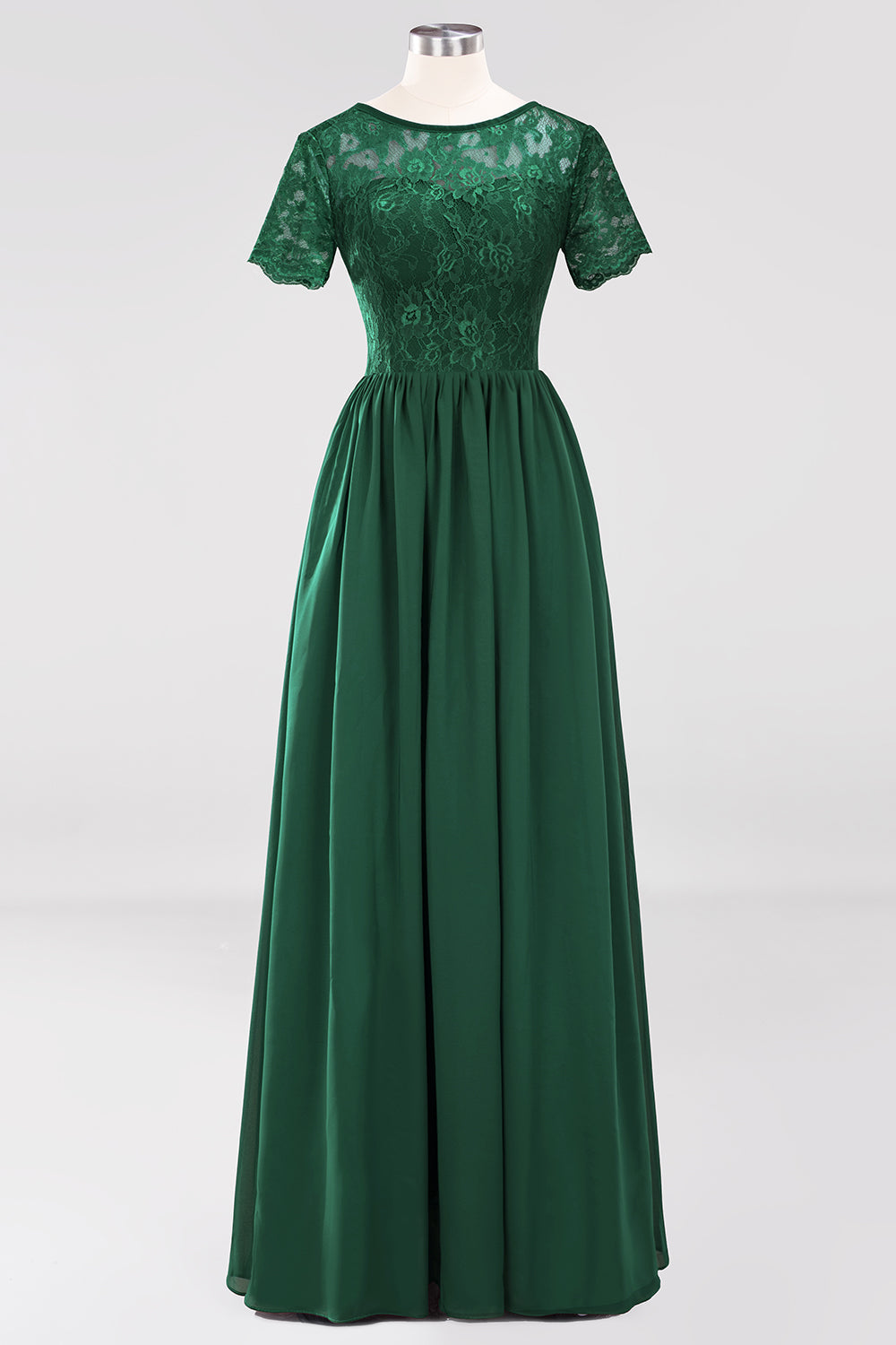 Elegant Dark Navy Long Lace Bridesmaid dresses with Short-Sleeves