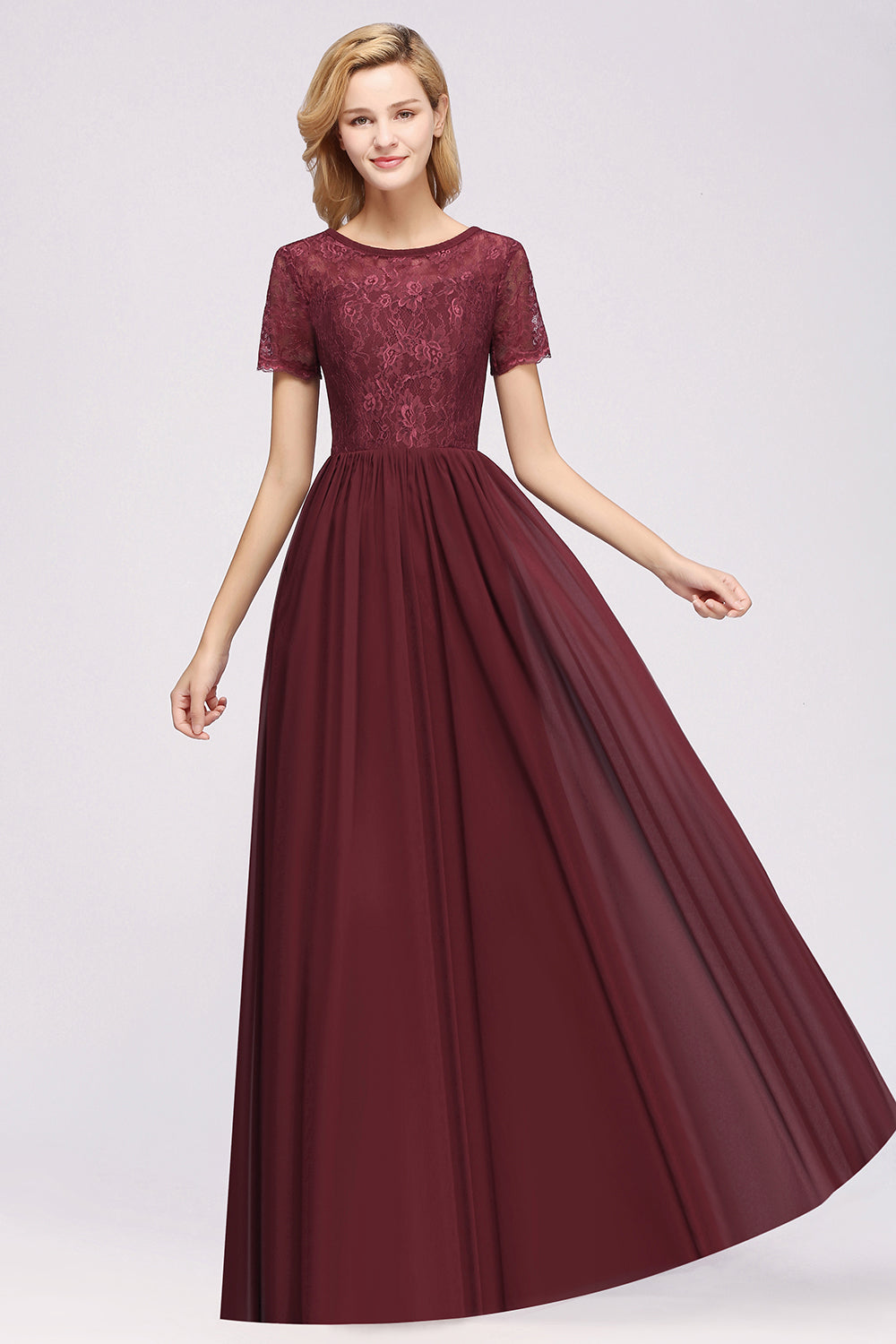 Elegant Dark Navy Long Lace Bridesmaid dresses with Short-Sleeves - Fashionpara