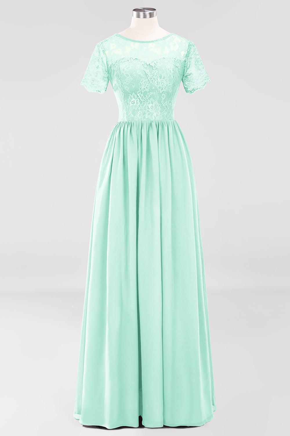 Elegant Dark Navy Long Lace Bridesmaid dresses with Short-Sleeves