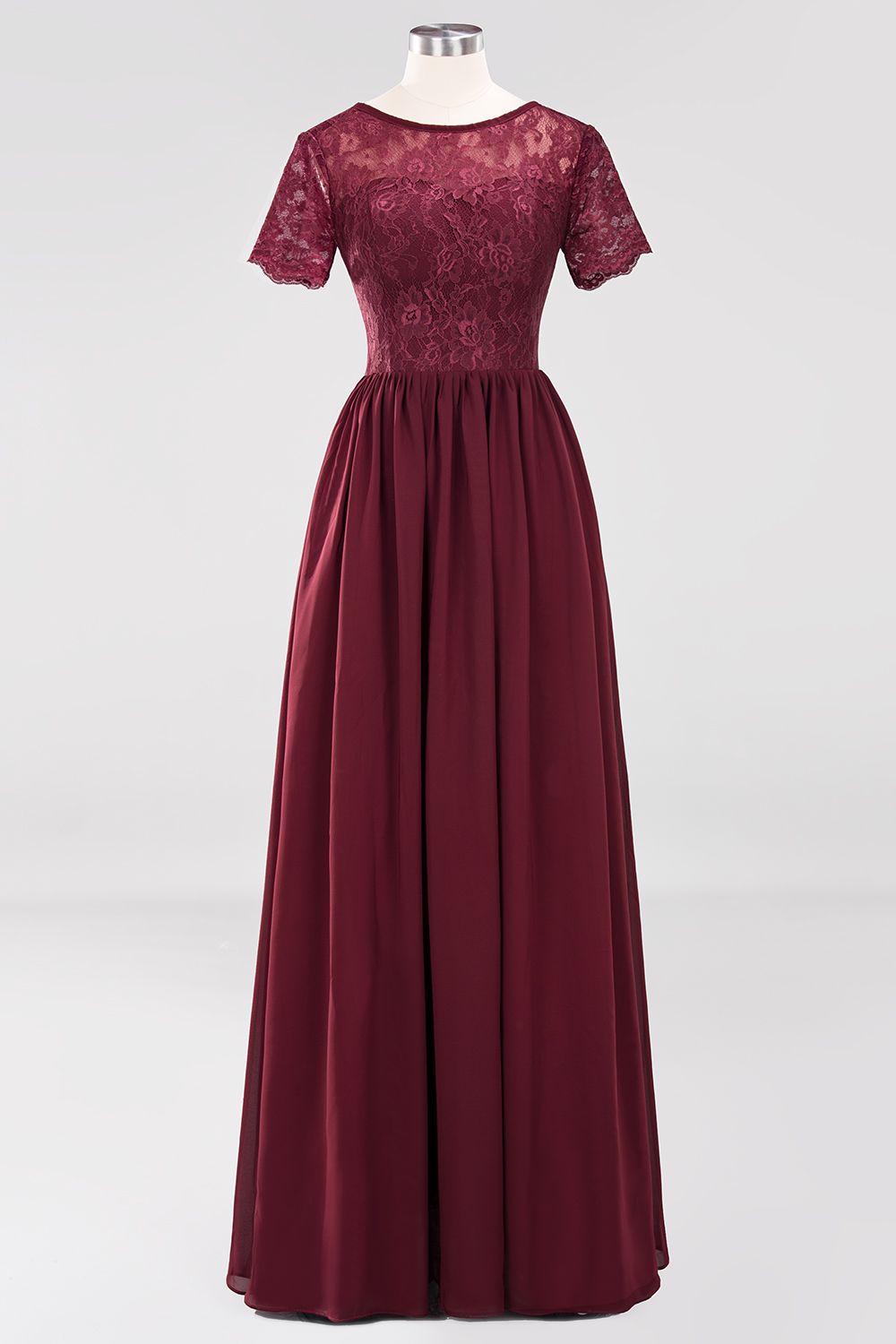 Elegant Dark Navy Long Lace Bridesmaid dresses with Short-Sleeves - Fashionpara