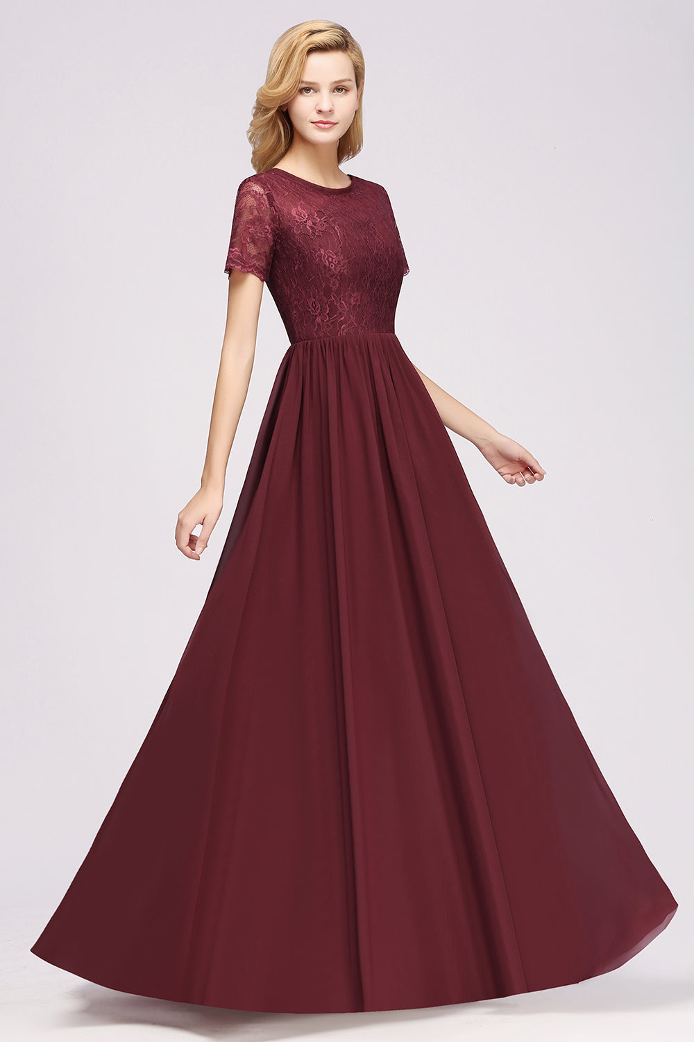 Elegant Dark Navy Long Lace Bridesmaid dresses with Short-Sleeves - Fashionpara