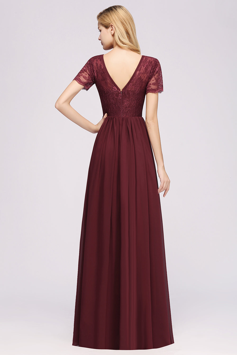 Elegant Dark Navy Long Lace Bridesmaid dresses with Short-Sleeves - Fashionpara