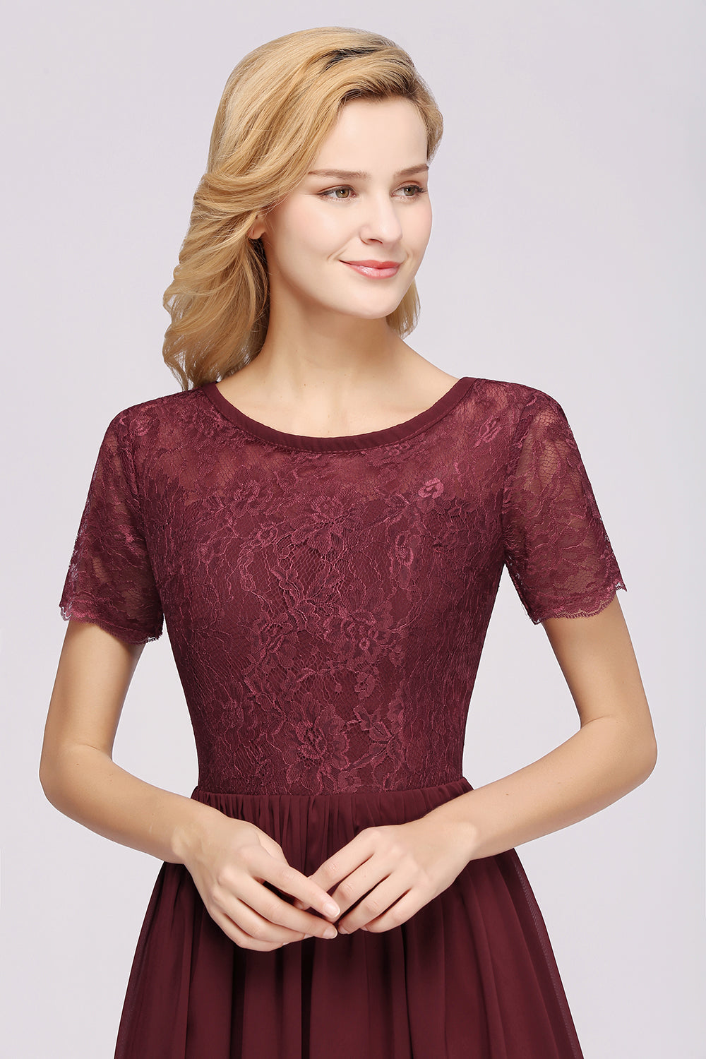 Elegant Dark Navy Long Lace Bridesmaid dresses with Short-Sleeves - Fashionpara
