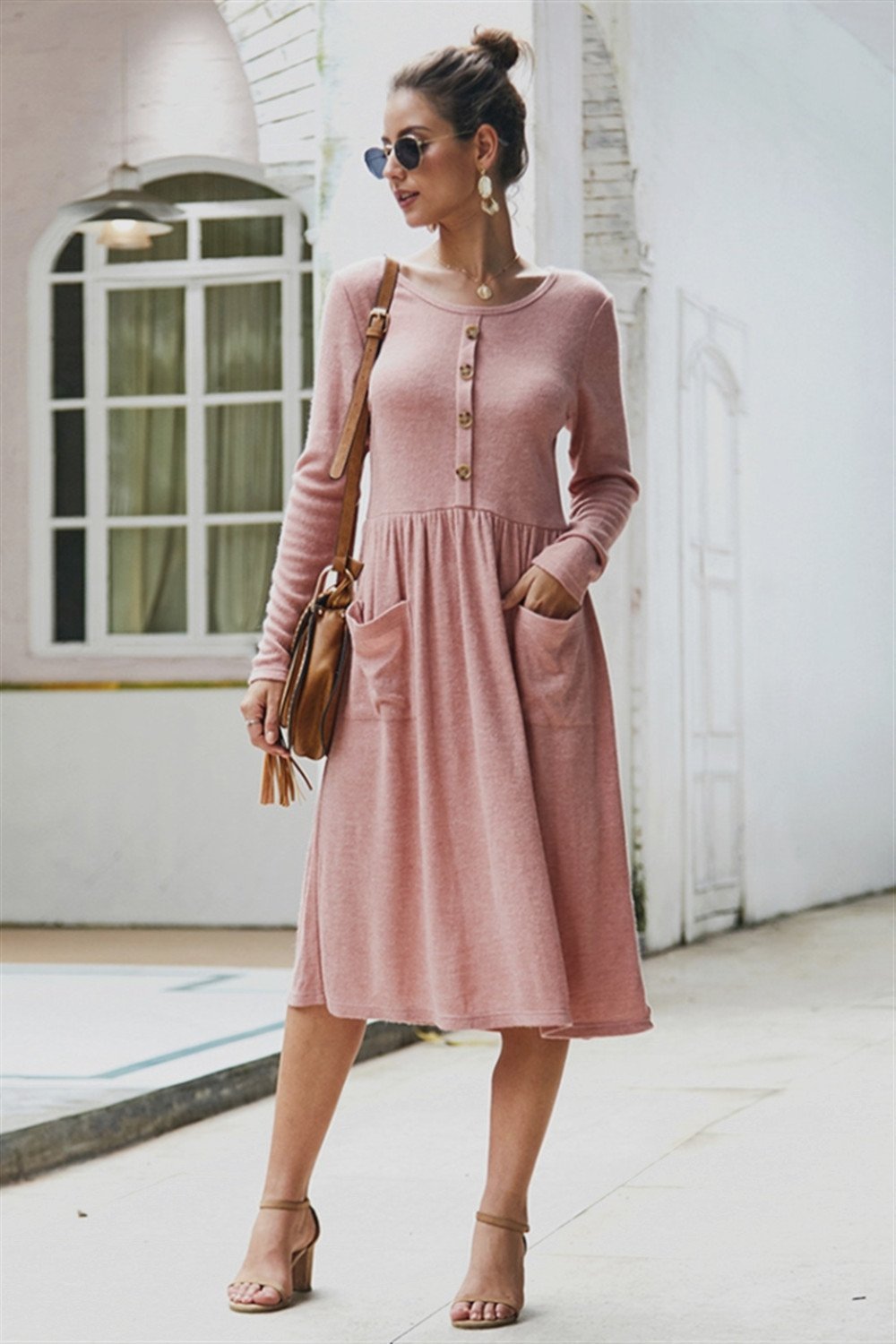 RadyRin Elegant Slim Sweater Dress with Double Pockets