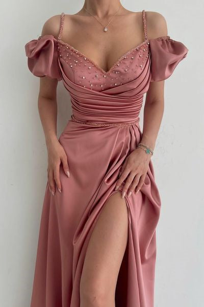 Elegant Dusty Rose Off-the-shoulder A-line Prom Dress With Slit