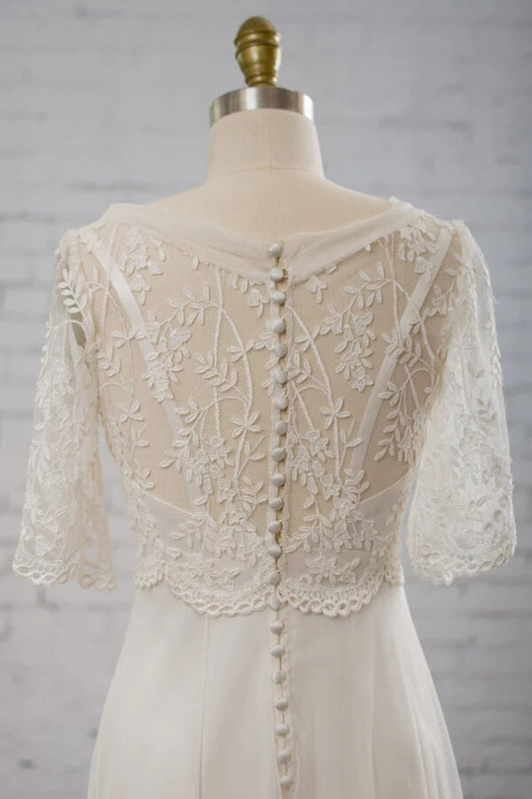Elegant Empire V-neck Tulle Wedding Dress A-line Appliques Short Sleeves Bridal Gowns On Sale - Fashionpara