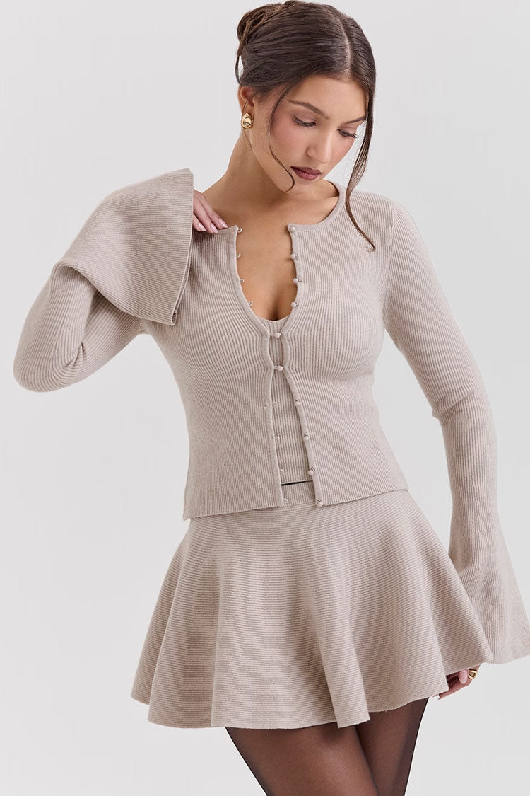 Elegant Faux Pearl Button Up Bell Sleeve Slim Ribbed Knit Crop Cardigan - Fashionpara