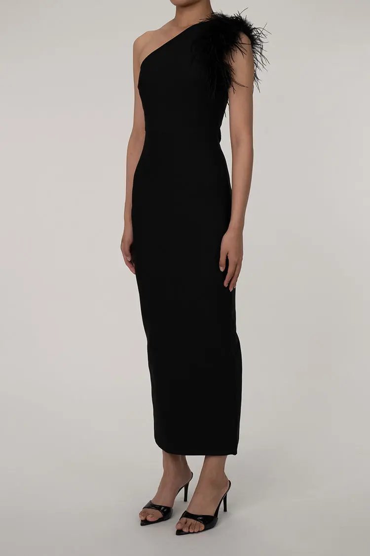 Elegant Feather Trim One Shoulder Back Split Gown Formal Maxi Dress - Black  Fashionpara