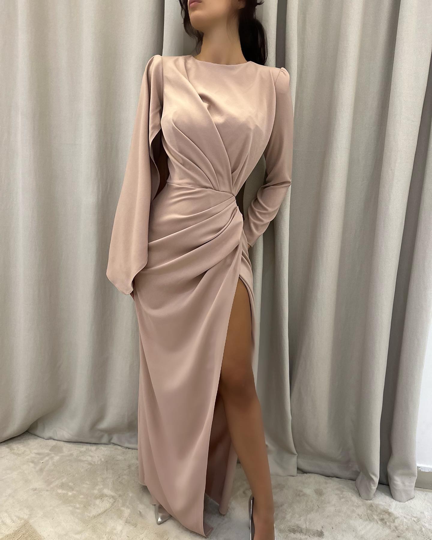 Elegant Slit From Floor-Length Long Sleeves Prom Dress with Ruffles - Fashionpara