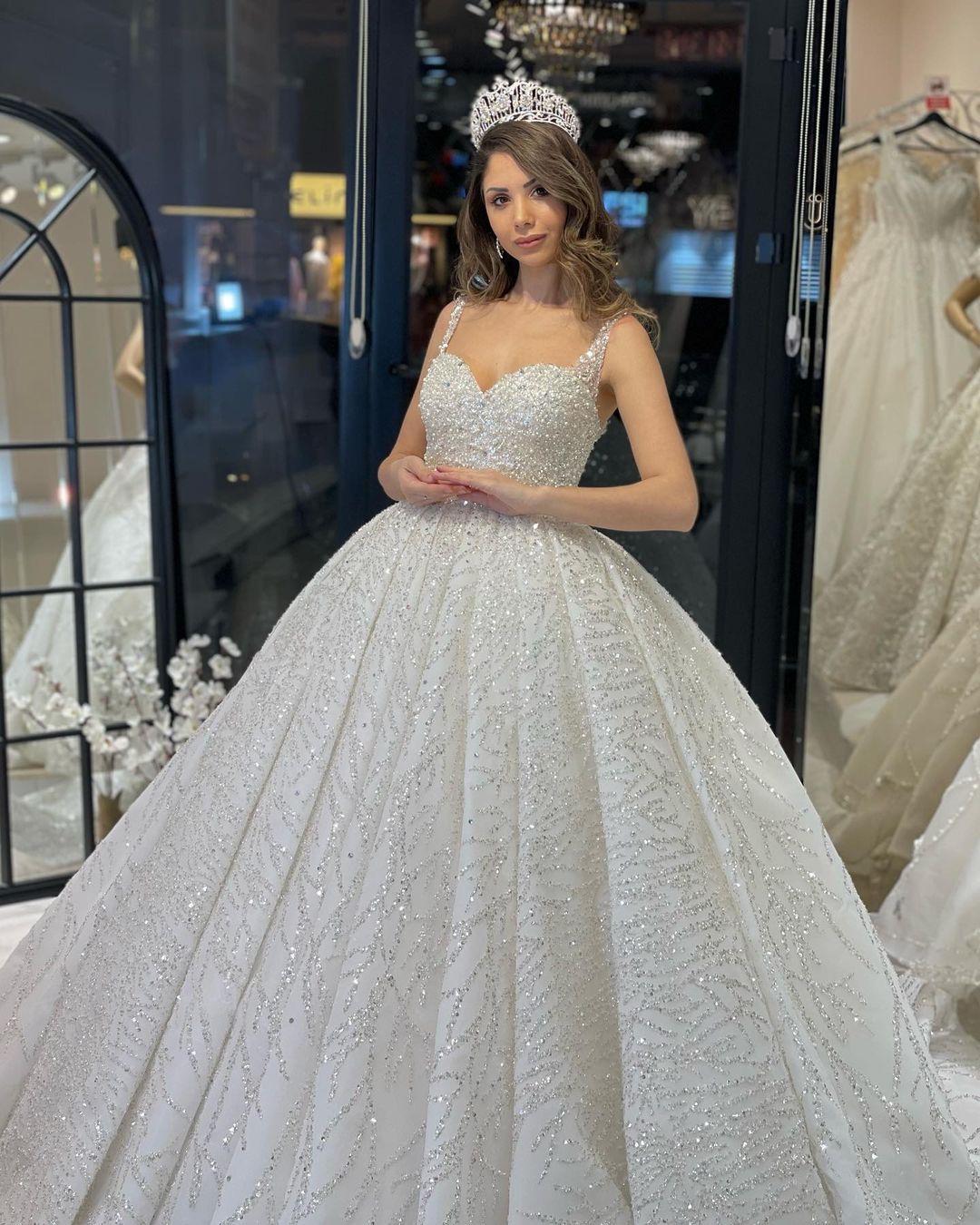 Elegant Floor-Length Sweetheart Sleeveless A-Line Sequined Wedding Dress with Ruffles - Fashionpara