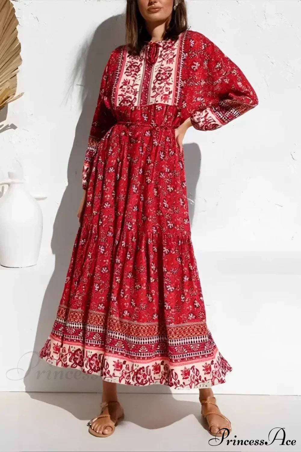 Elegant Floral Lace-up Tassel Rayon Maxi Boho Sundress Red / S bohodress-250126