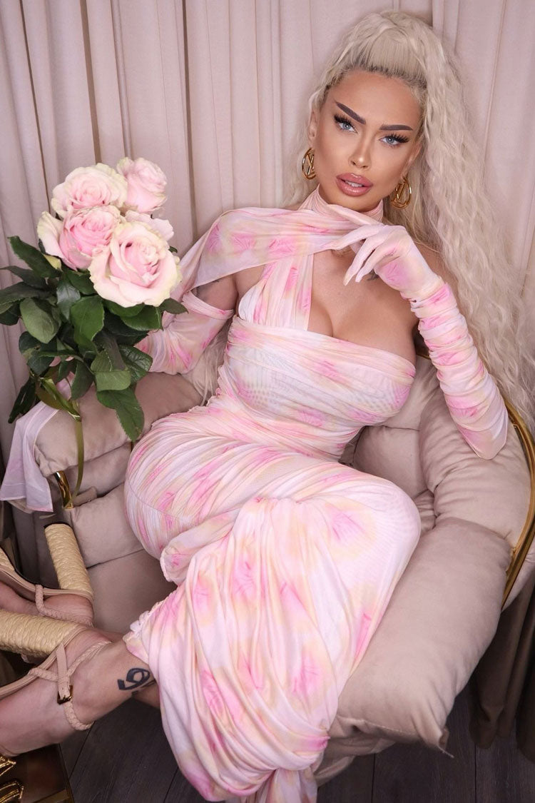 Floral Halter Neck Ruched Mesh Bodycon Maxi Dress