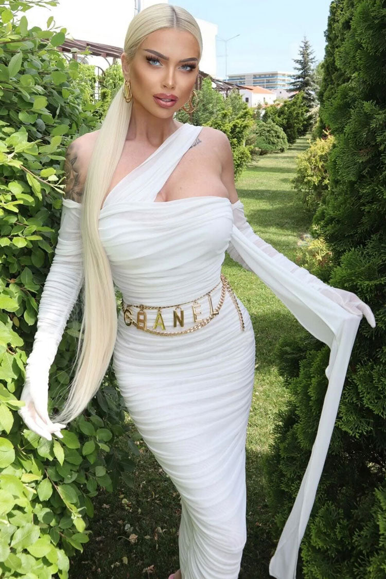 Elegant Glove Draped Halter Mesh Ruched Bodycon Formal Maxi Dress - White  Fashionpara