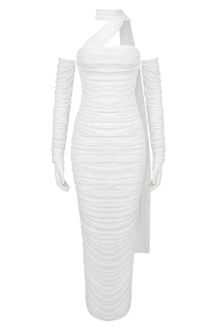 Elegant Glove Draped Halter Mesh Ruched Bodycon Formal Maxi Dress - White  Fashionpara