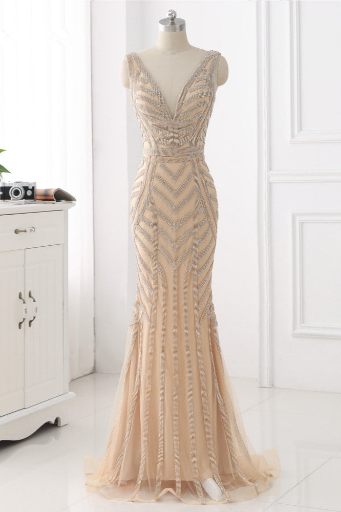 Elegant Gold Tulle V-Neck Sleeveless Prom Dresses with Beadings On Sale - Fashionpara