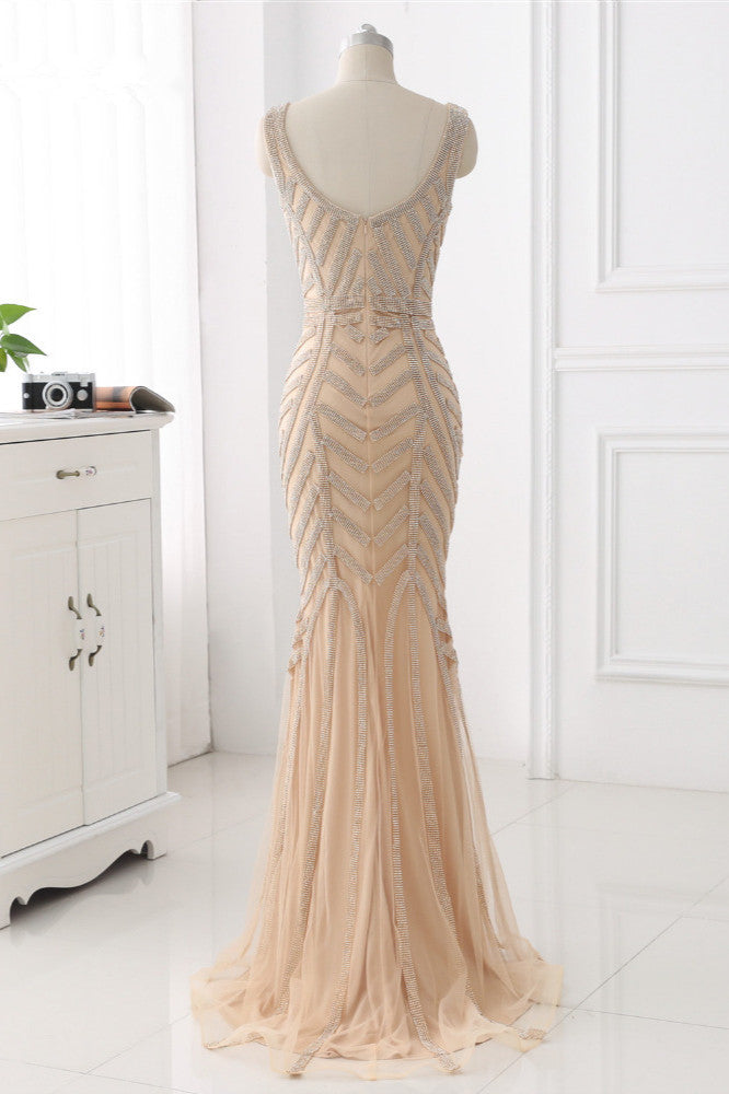 Elegant Gold Tulle V-Neck Sleeveless Prom Dresses with Beadings On Sale - Fashionpara