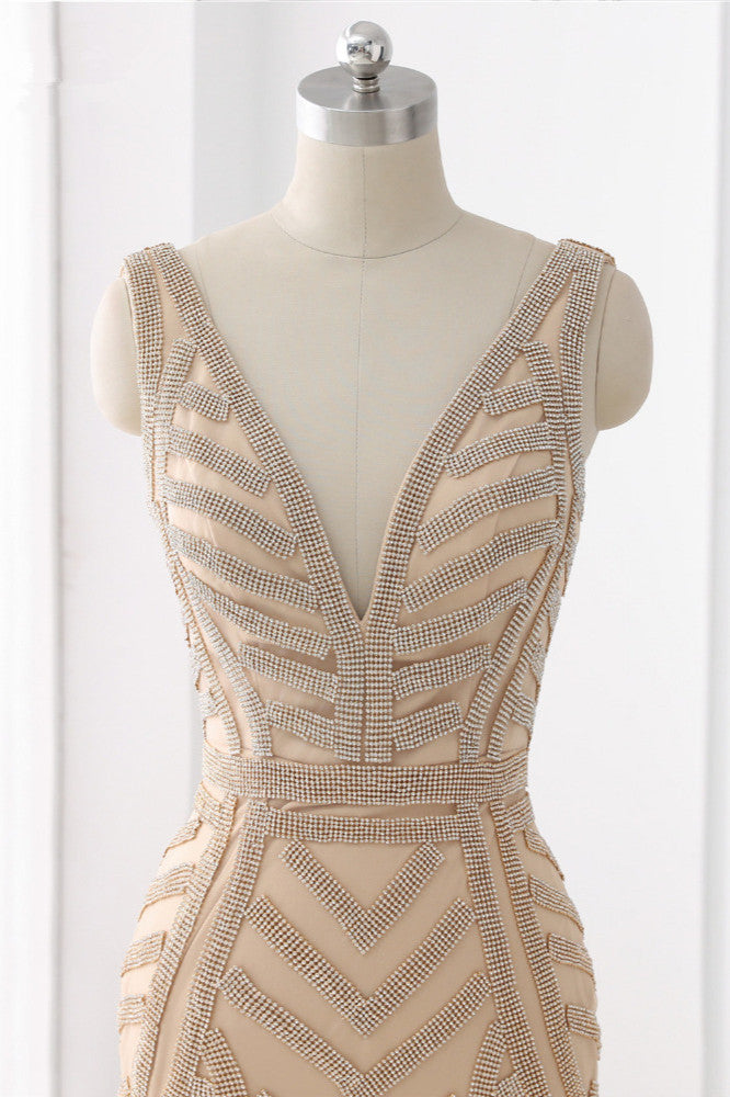 Elegant Gold Tulle V-Neck Sleeveless Prom Dresses with Beadings On Sale - Fashionpara