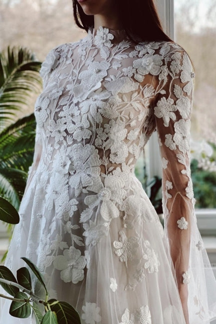 Elegant High Collar A-Line Lace Wedding Dress with Long Sleeves and Chapel Train - Fashionpara
