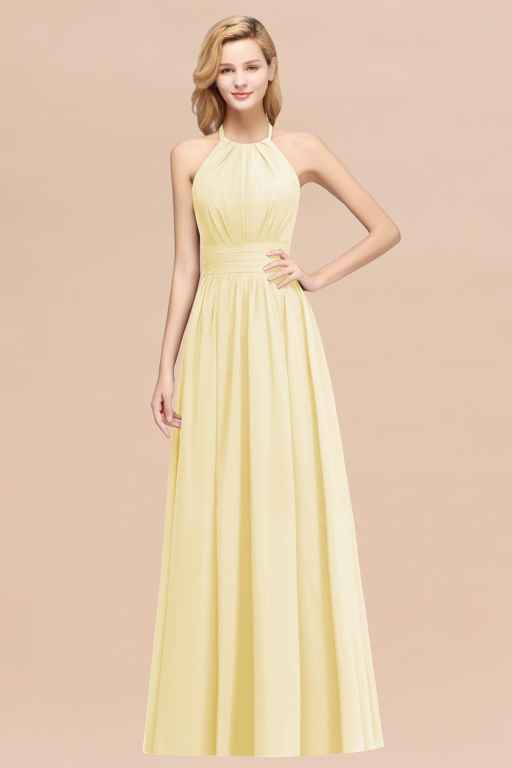 Elegant High-Neck Halter Long Affordable Bridesmaid dresses with Ruffles - Fashionpara