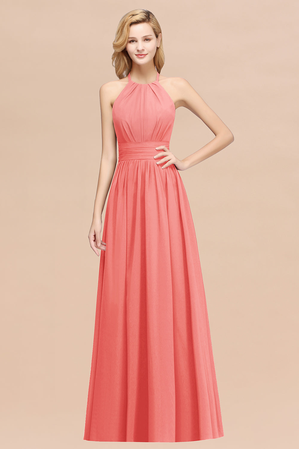 Elegant High-Neck Halter Long Affordable Bridesmaid dresses with Ruffles - Fashionpara