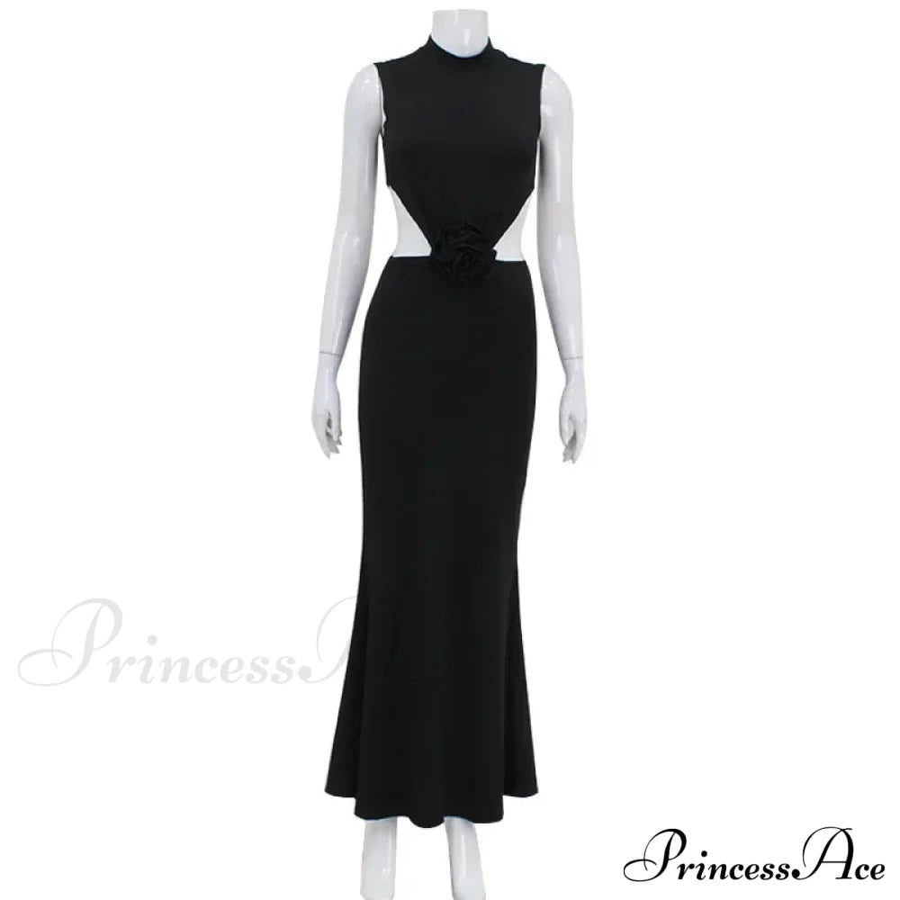 Elegant Hollow Back Sexy Solid Color Turtle Neck Sleeveless Dress Christmas Party Dress