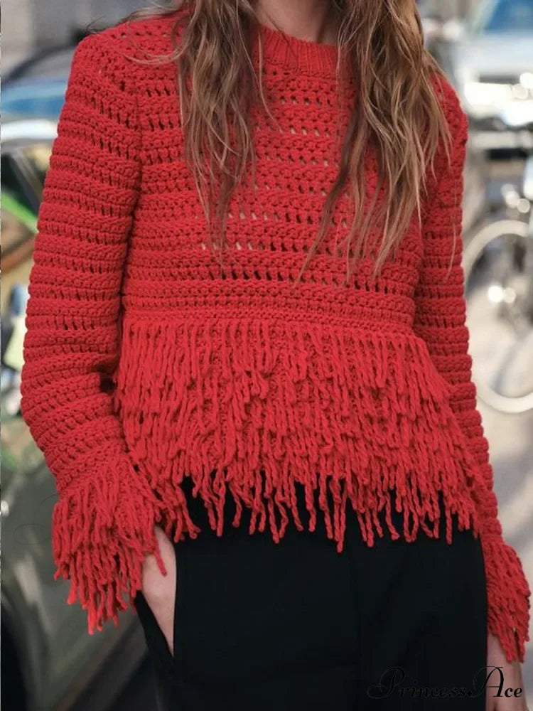 Elegant Hollow Out Sexy Long Sleeve O-Neck Red Christmas Sweater