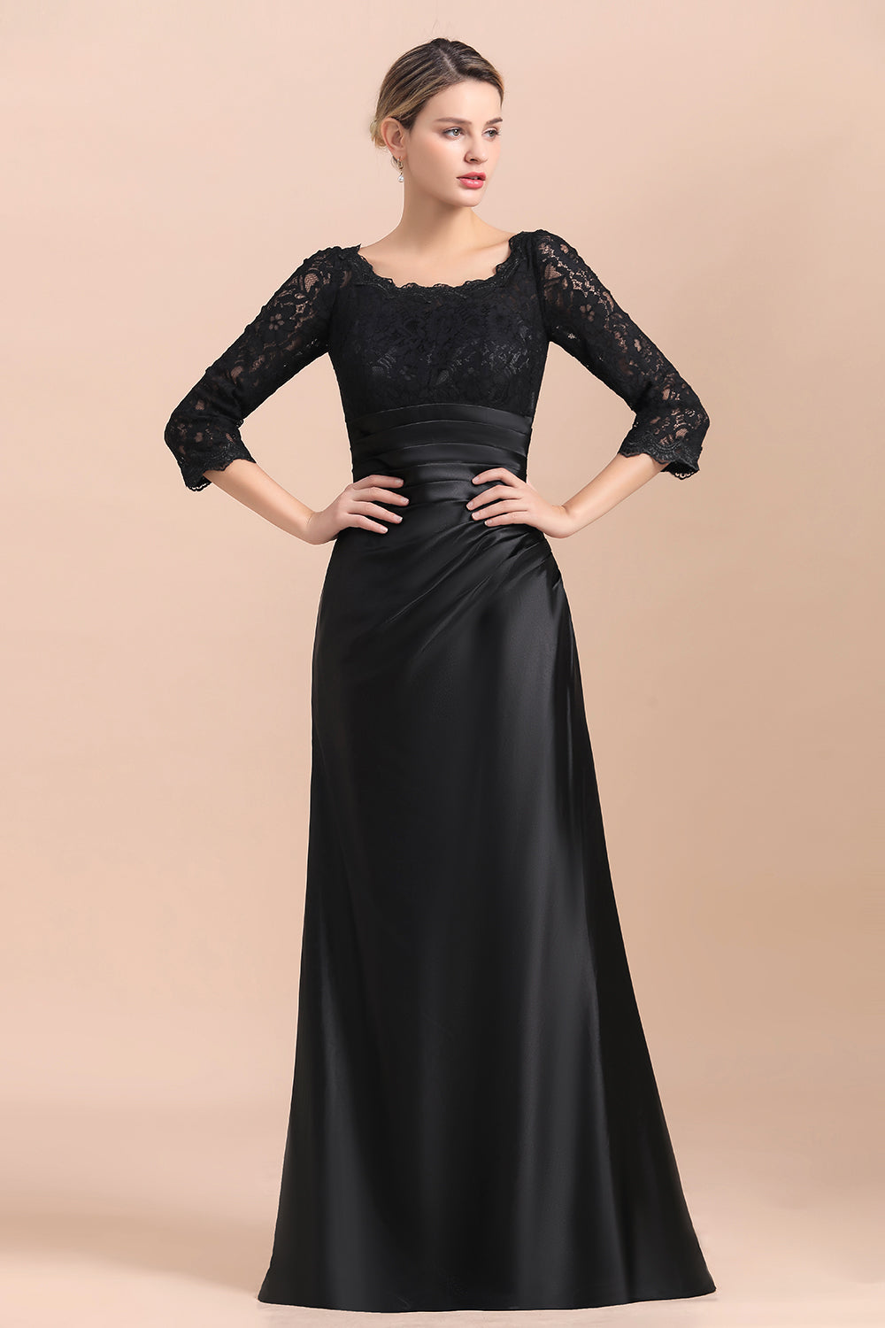 Elegant Jewel 3/4 Sleeves Black Satin Lace Ruffles Mother of Bride Dress On Sale - Fashionpara
