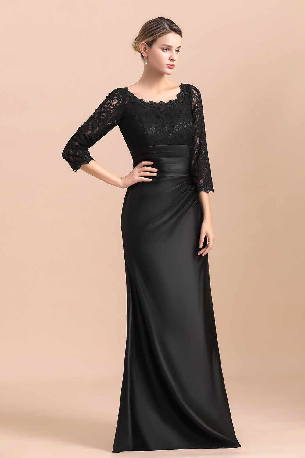Elegant Jewel 3/4 Sleeves Black Satin Lace Ruffles Mother of Bride Dress On Sale - Fashionpara