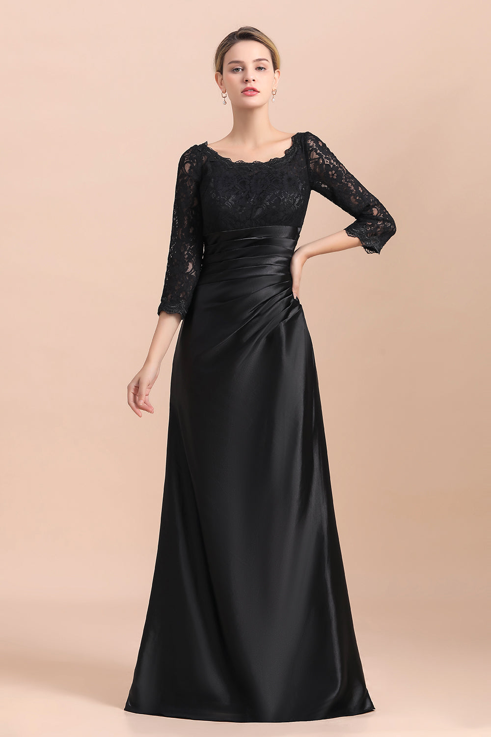 Elegant Jewel 3/4 Sleeves Black Satin Lace Ruffles Mother of Bride Dress On Sale - Fashionpara