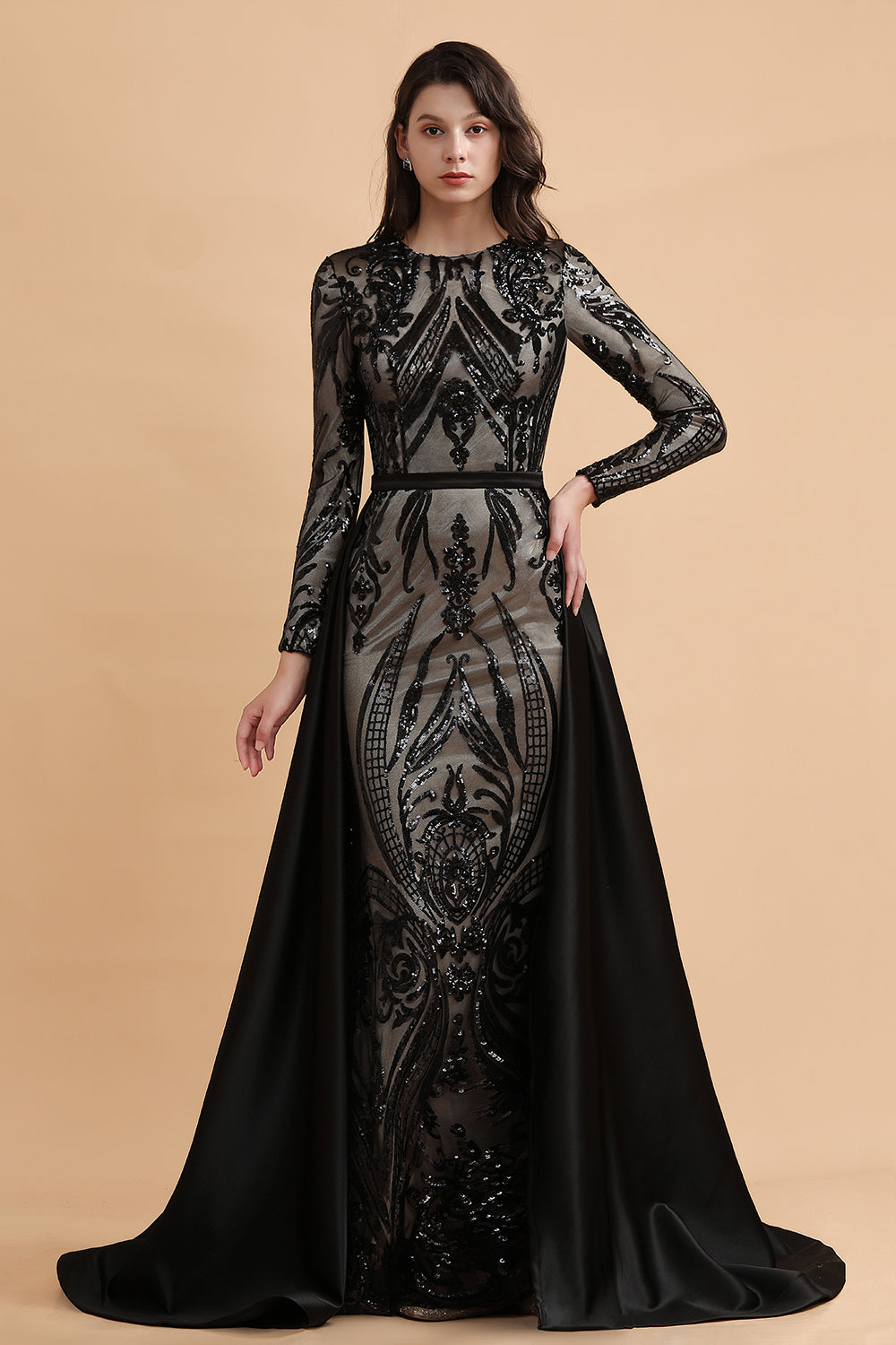 Elegant Jewel Sequined Mermaid Prom Dresses Long Sleeves Appliques Party Dress with Overskirt - Fashionpara