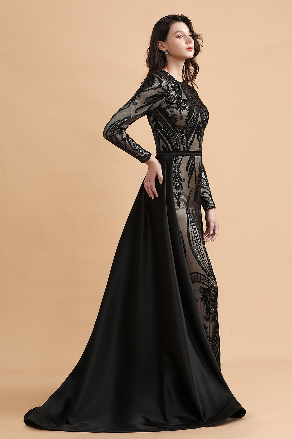 Elegant Jewel Sequined Mermaid Prom Dresses Long Sleeves Appliques Party Dress with Overskirt - Fashionpara