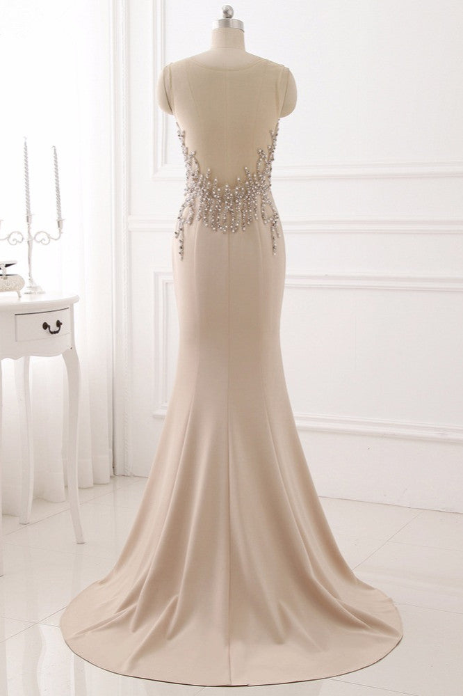 Elegant Jewel Sleeveless Mermaid Prom Dresses with Pearls - Fashionpara