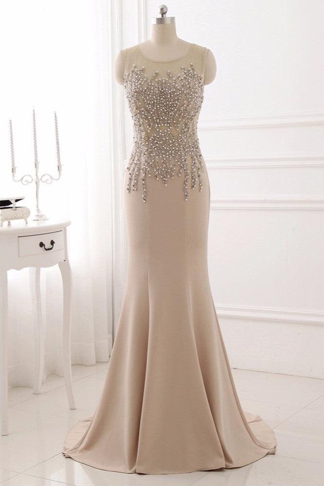 Elegant Jewel Sleeveless Mermaid Prom Dresses with Pearls - Fashionpara