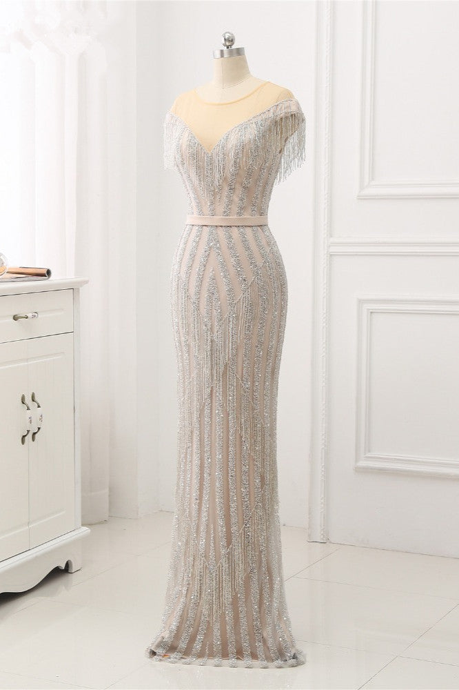 Elegant Jewel Sleeves Silver Mermaid Prom Dresses with Rhinestone - Fashionpara