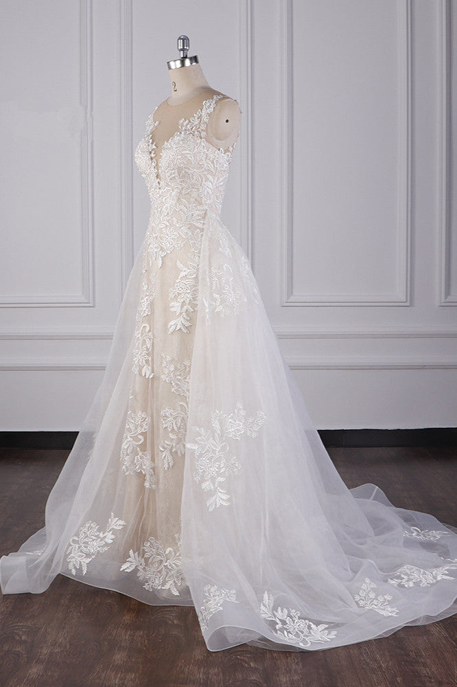 Elegant Jewel Tulle Lace Wedding Dress Appliques Sleeveless Mermaid Bridal Gowns - Fashionpara