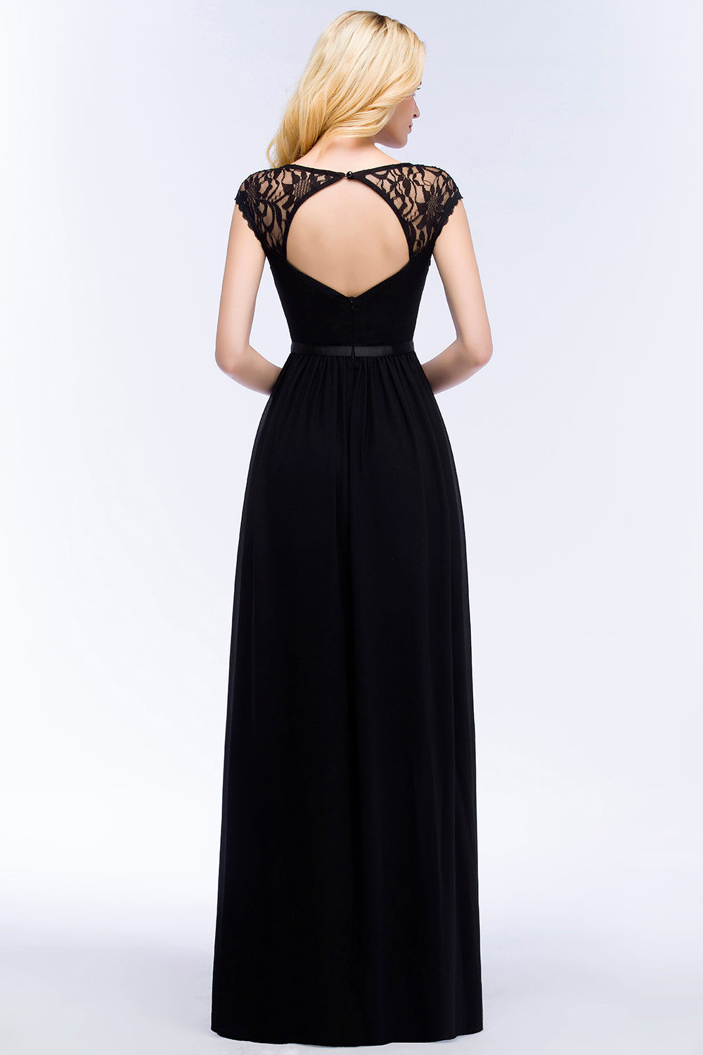 Elegant Lace Black V-Neck Sleeveless Bridesmaid Dresses with Hollowout Back - Fashionpara