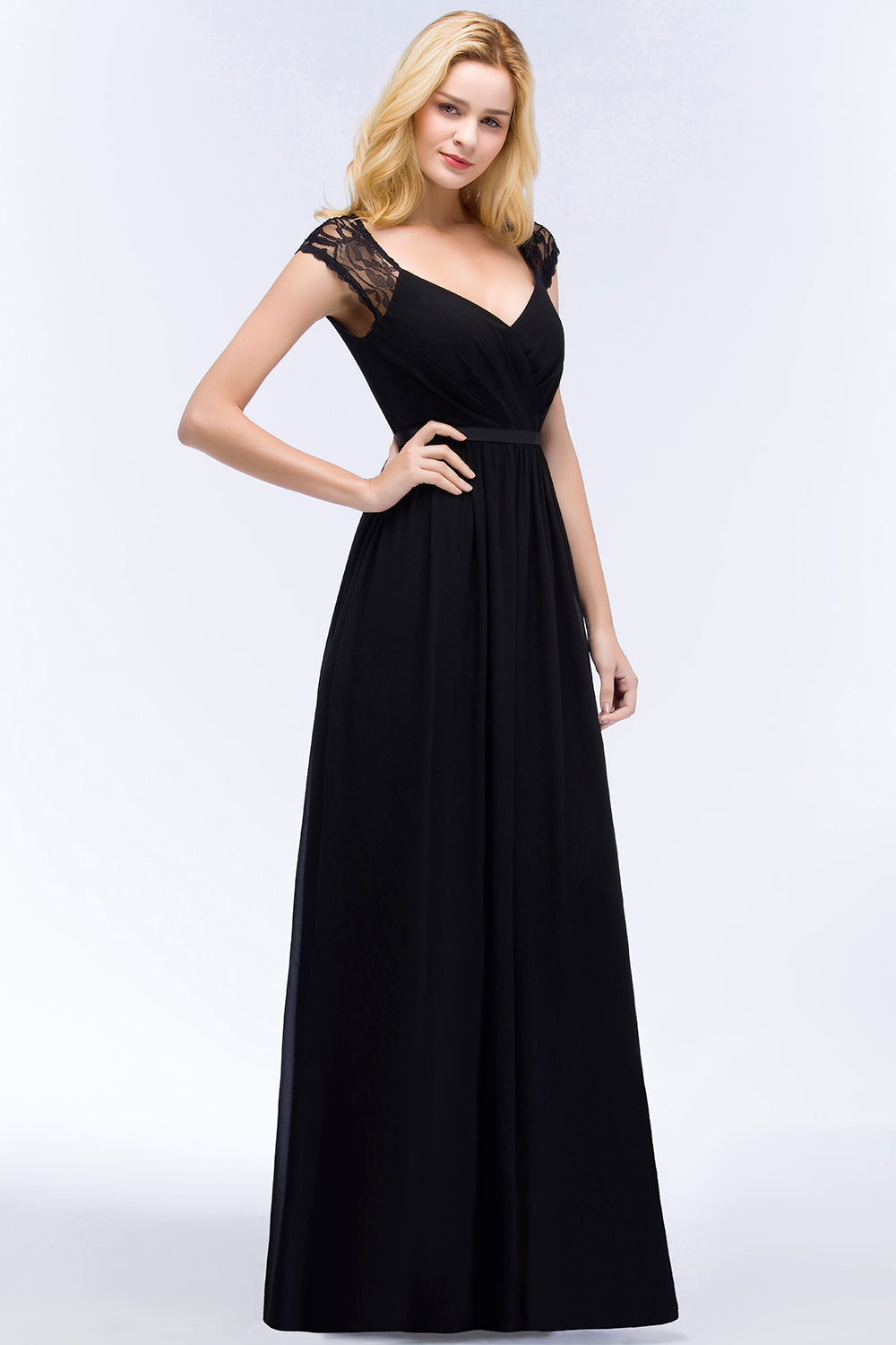 Elegant Lace Black V-Neck Sleeveless Bridesmaid Dresses with Hollowout Back - Fashionpara