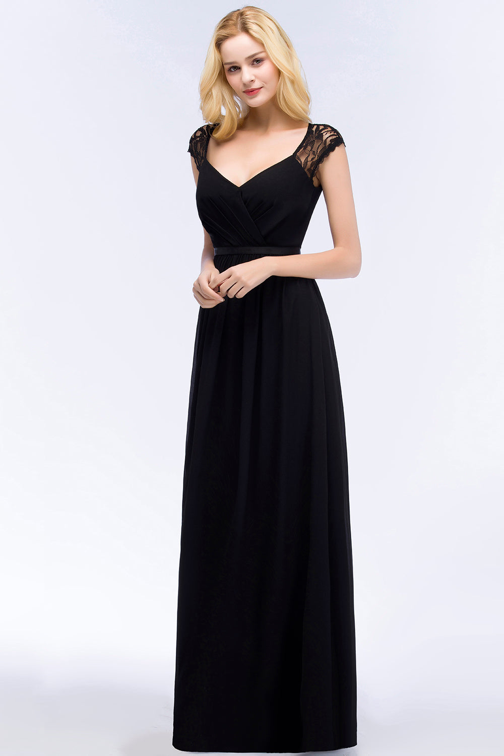 Elegant Lace Black V-Neck Sleeveless Bridesmaid Dresses with Hollowout Back - Fashionpara