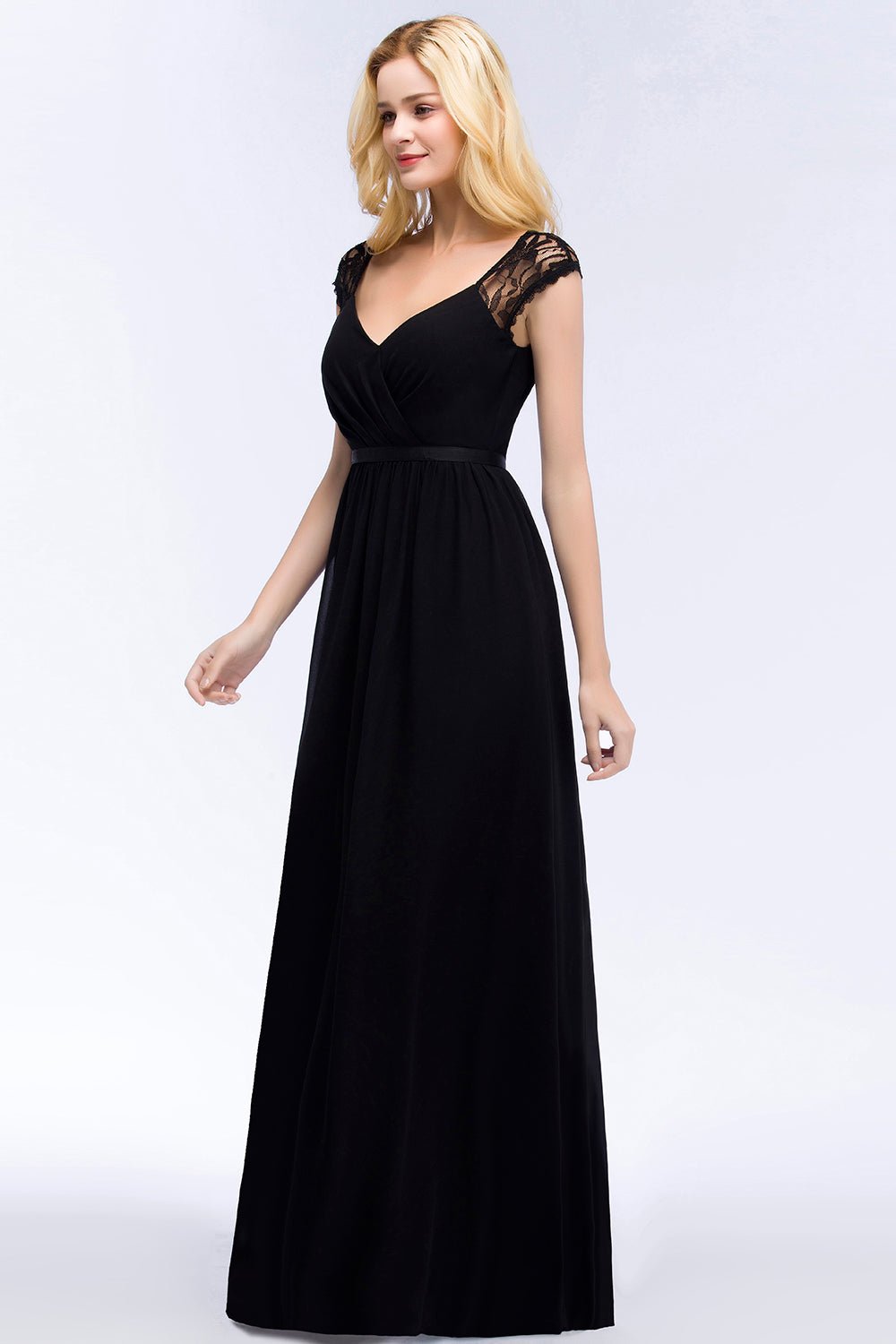 Elegant Lace Black V-Neck Sleeveless Bridesmaid Dresses with Hollowout Back - Fashionpara