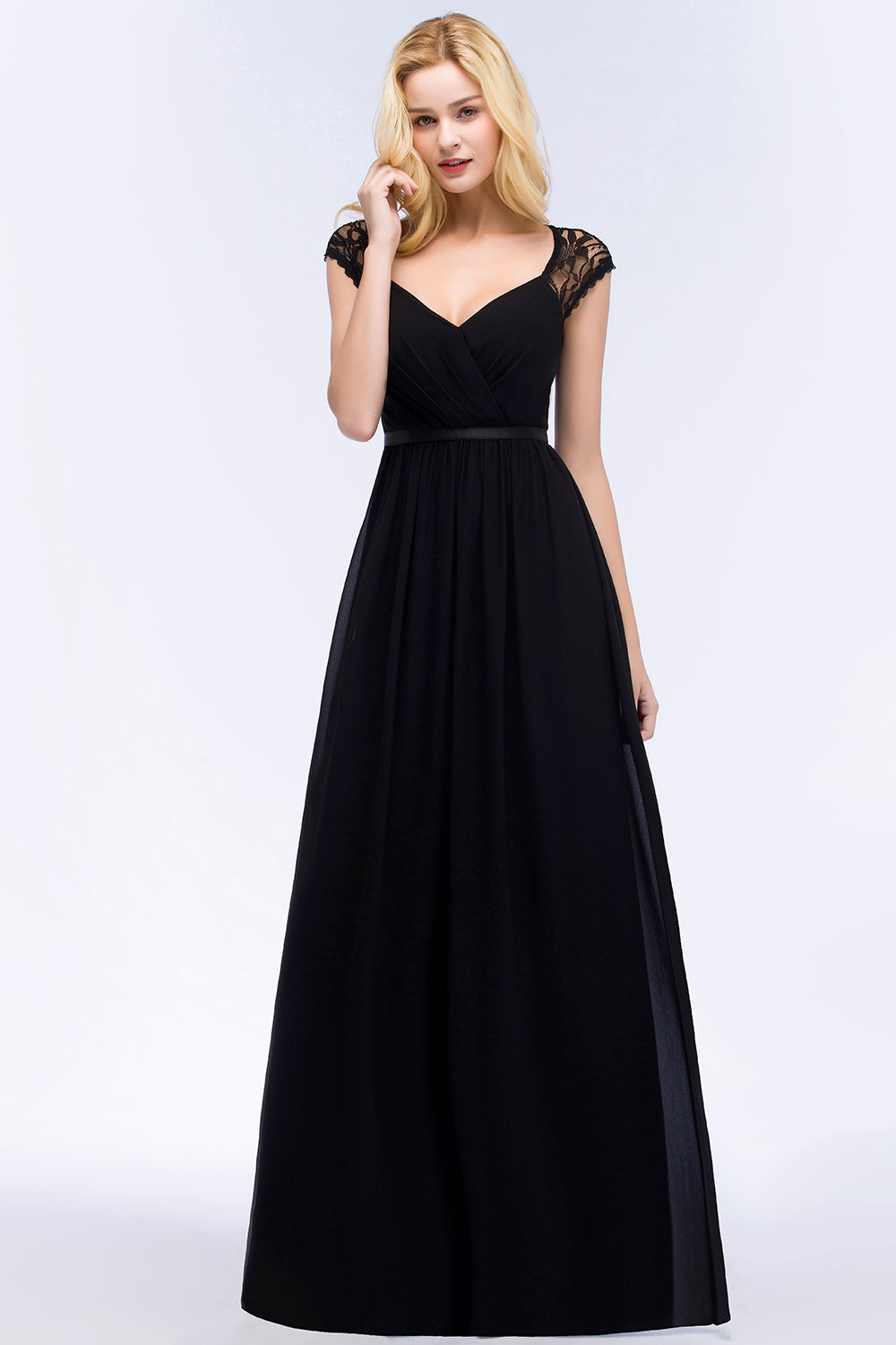 Elegant Lace Black V-Neck Sleeveless Bridesmaid Dresses with Hollowout Back - Fashionpara