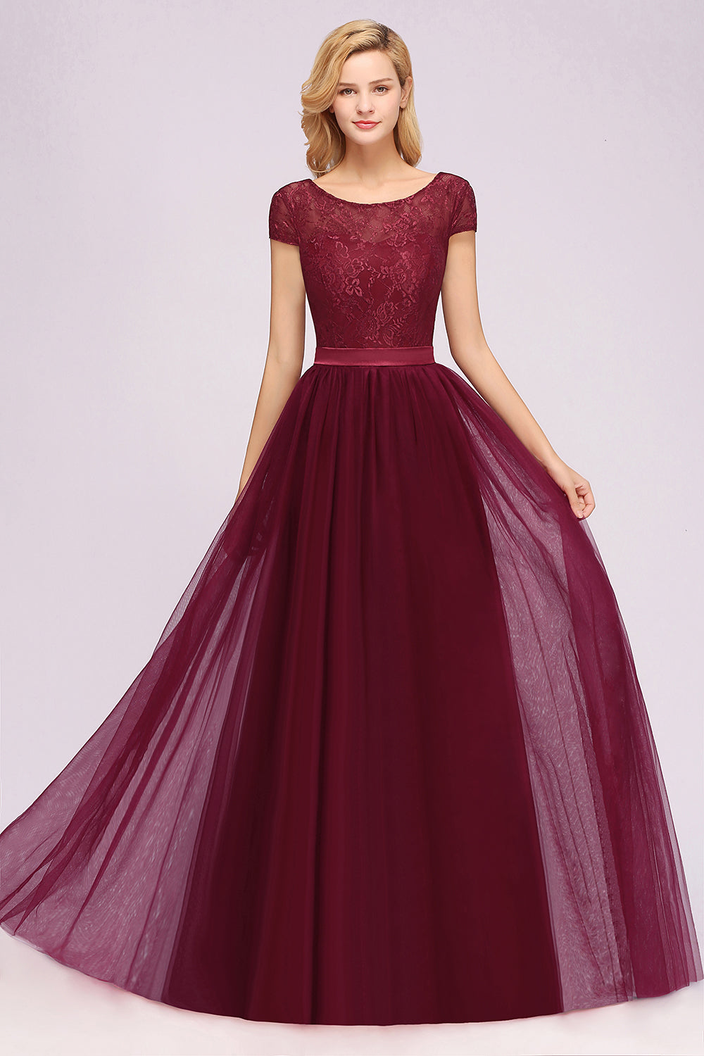 Elegant Lace Cap Sleeves Burgundy Bridesmaid dresses Affordable - Fashionpara